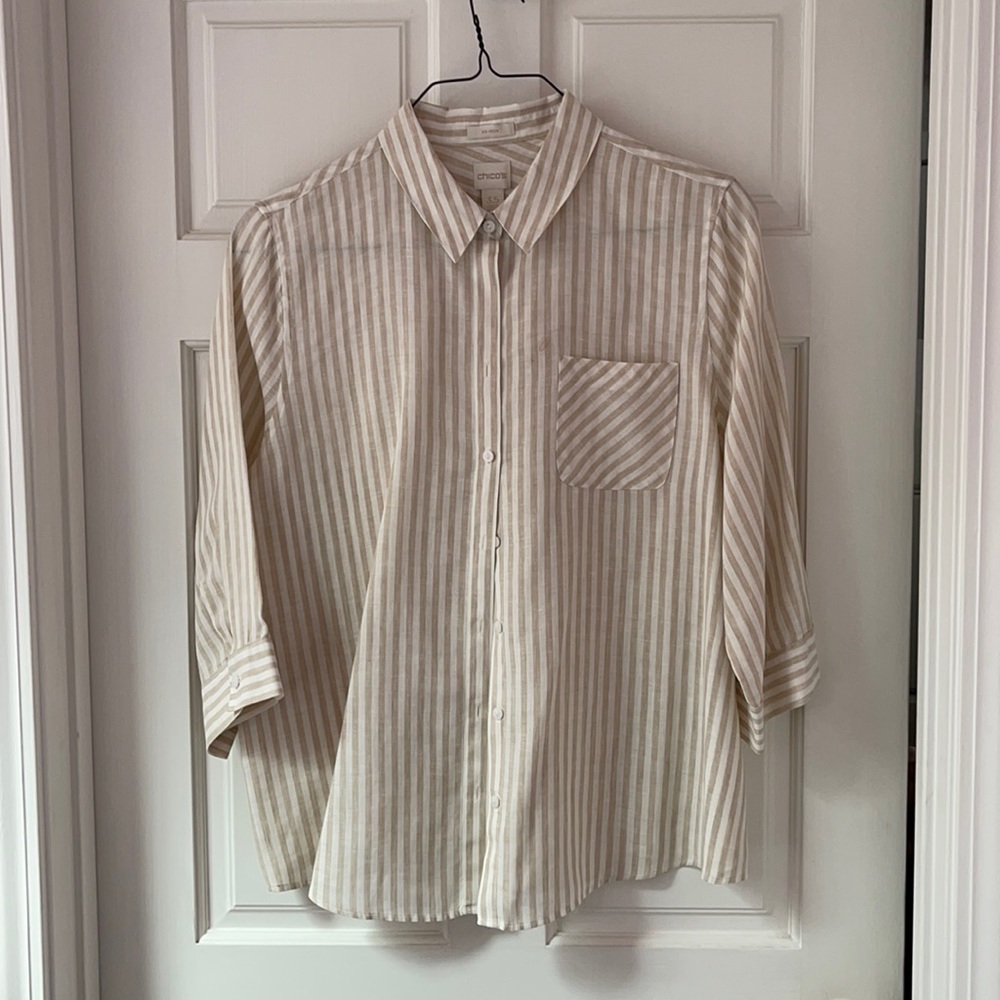 White and beige linen stripe blouse